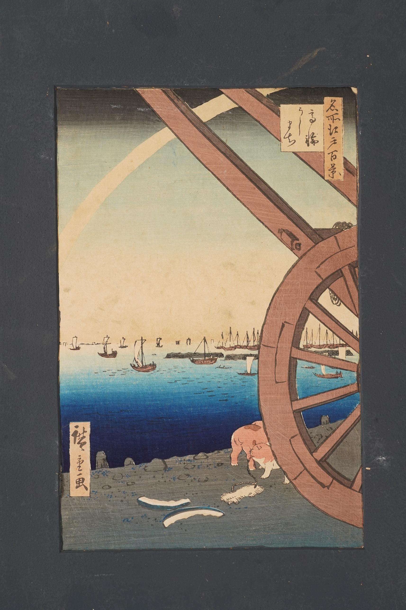 After Utagawa Hiroshige , Komagata Hall & Azumja Bridge and Ushimachi Takanawa, Two woodblock prints, 33.5cm x 22cm